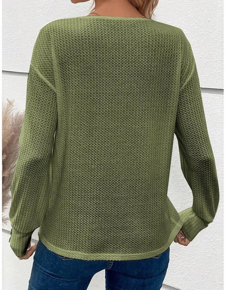 Jungle Green Textured Knit V Neck Button Cuffs Long Sleeve Top