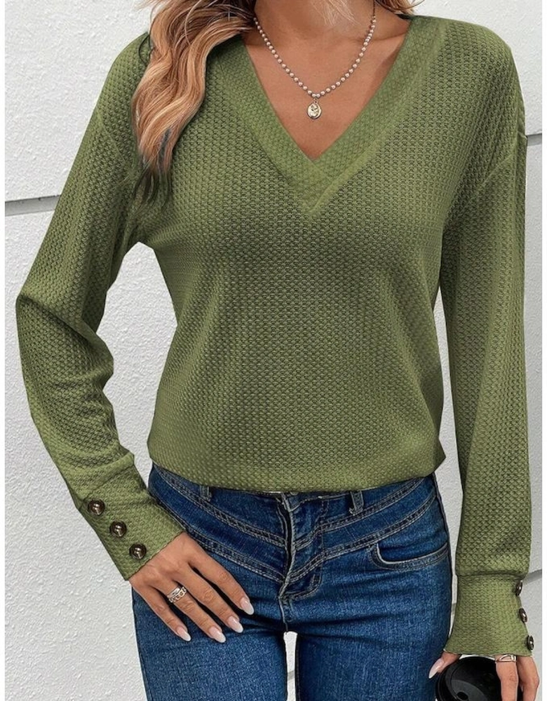 Jungle Green Textured Knit V Neck Button Cuffs Long Sleeve Top