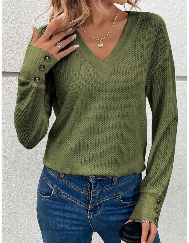Jungle Green Textured Knit V Neck Button Cuffs Long Sleeve Top