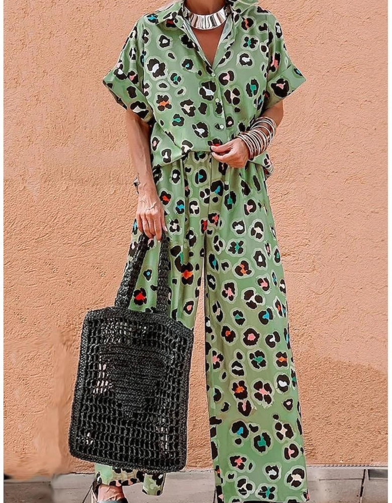 Green Leopard Print Short Sleeve Shirt and Wide Leg Pants Set