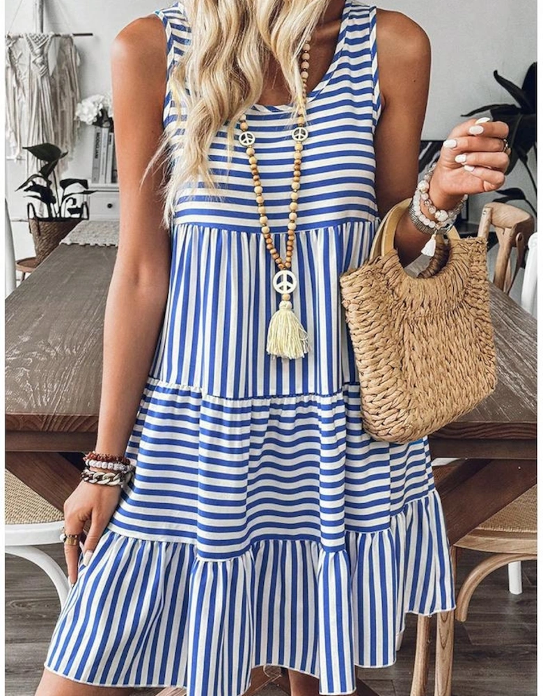 Sky Blue Stripe U Neck Sleeveless Loose Fit Mini Dress