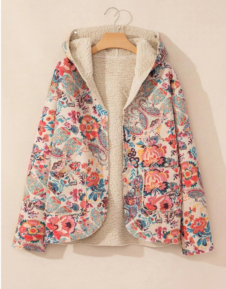 Beige Vintage Paisley Floral Printed Sherpa Lined Hooded Jacket