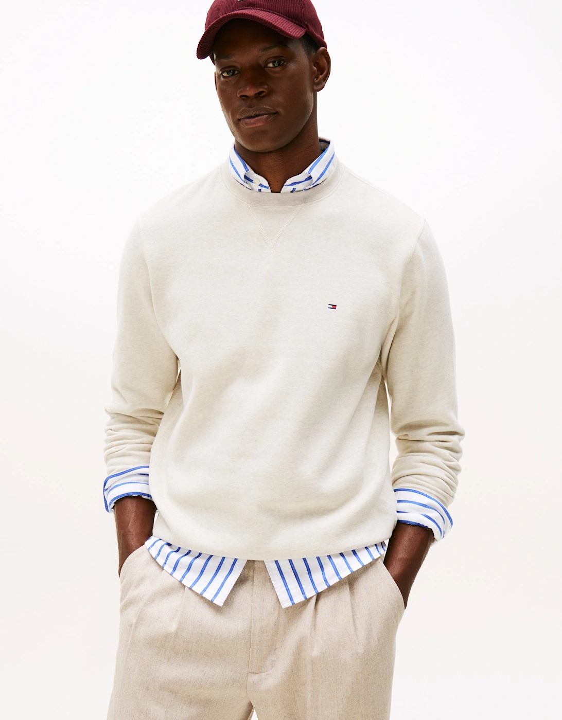 Men's Tommy Hilfiger Essential Flag Embroidery Mens Fleece Crew Sweatshirt - Heathered Oatmilk - White - Size: 38