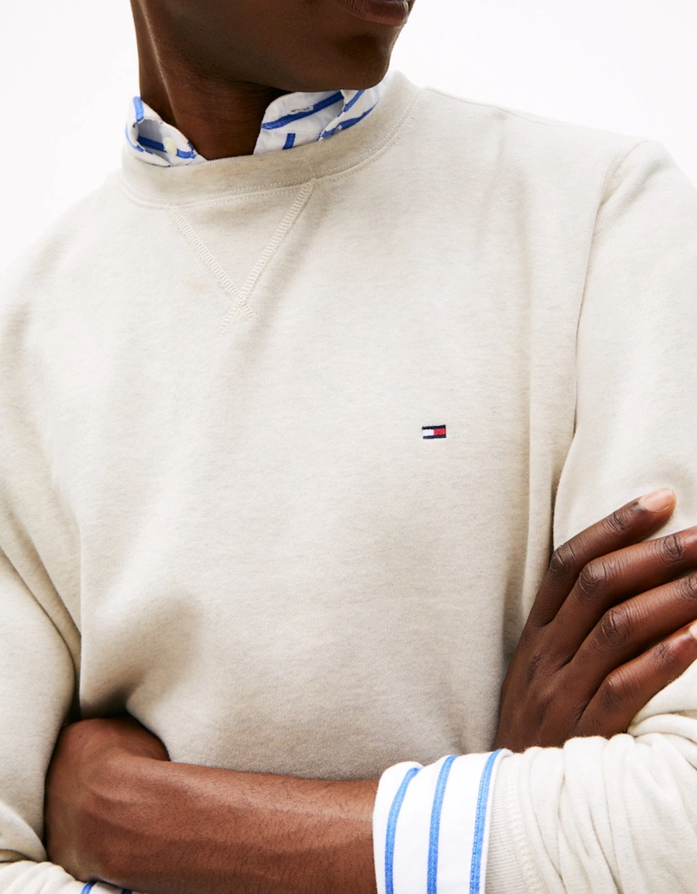 Essential Flag Embroidery Mens Fleece Crew Sweatshirt - Heathered Oatmilk