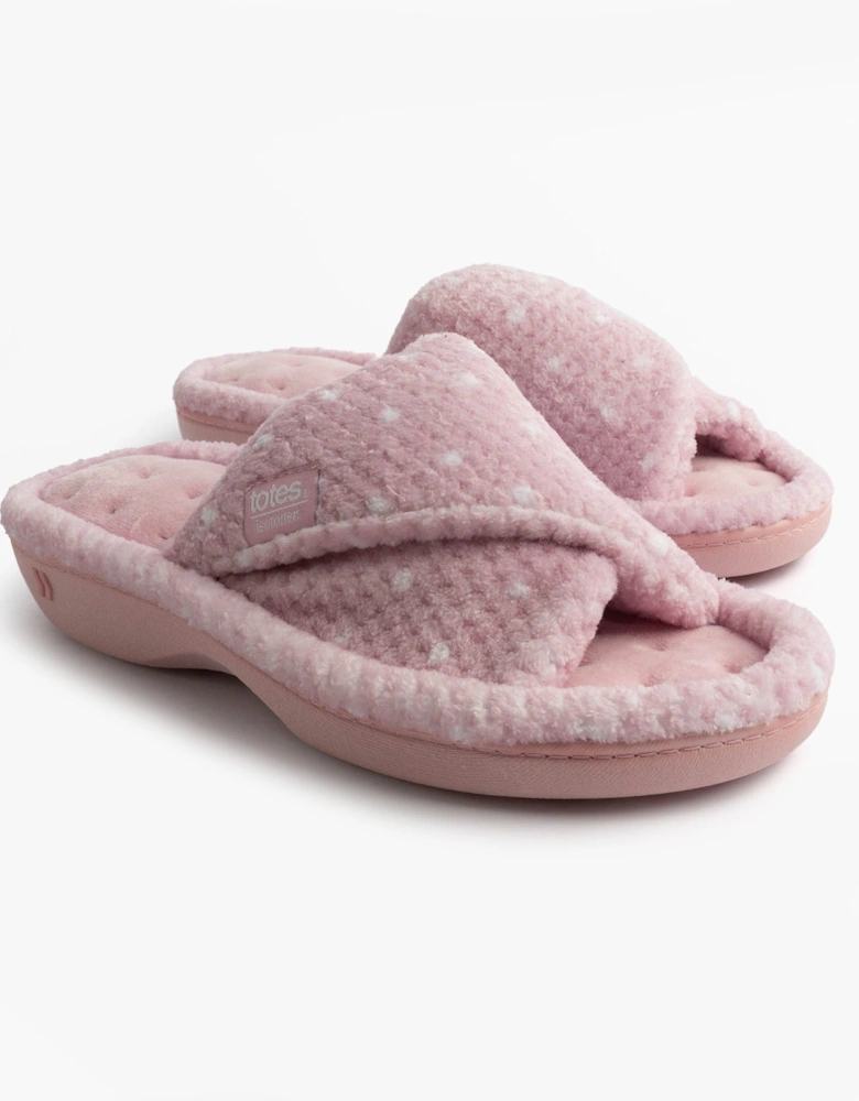 Isotoner POPCORN TURNOVER OPEN TOE Womens Mule Slippers Pink Spot