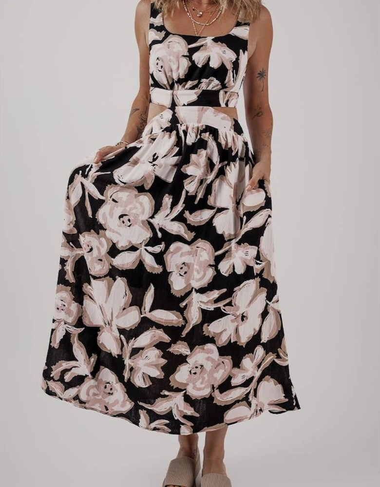 Black Floral Cutout Square Neck Knot Back Sleeveless Maxi Dress
