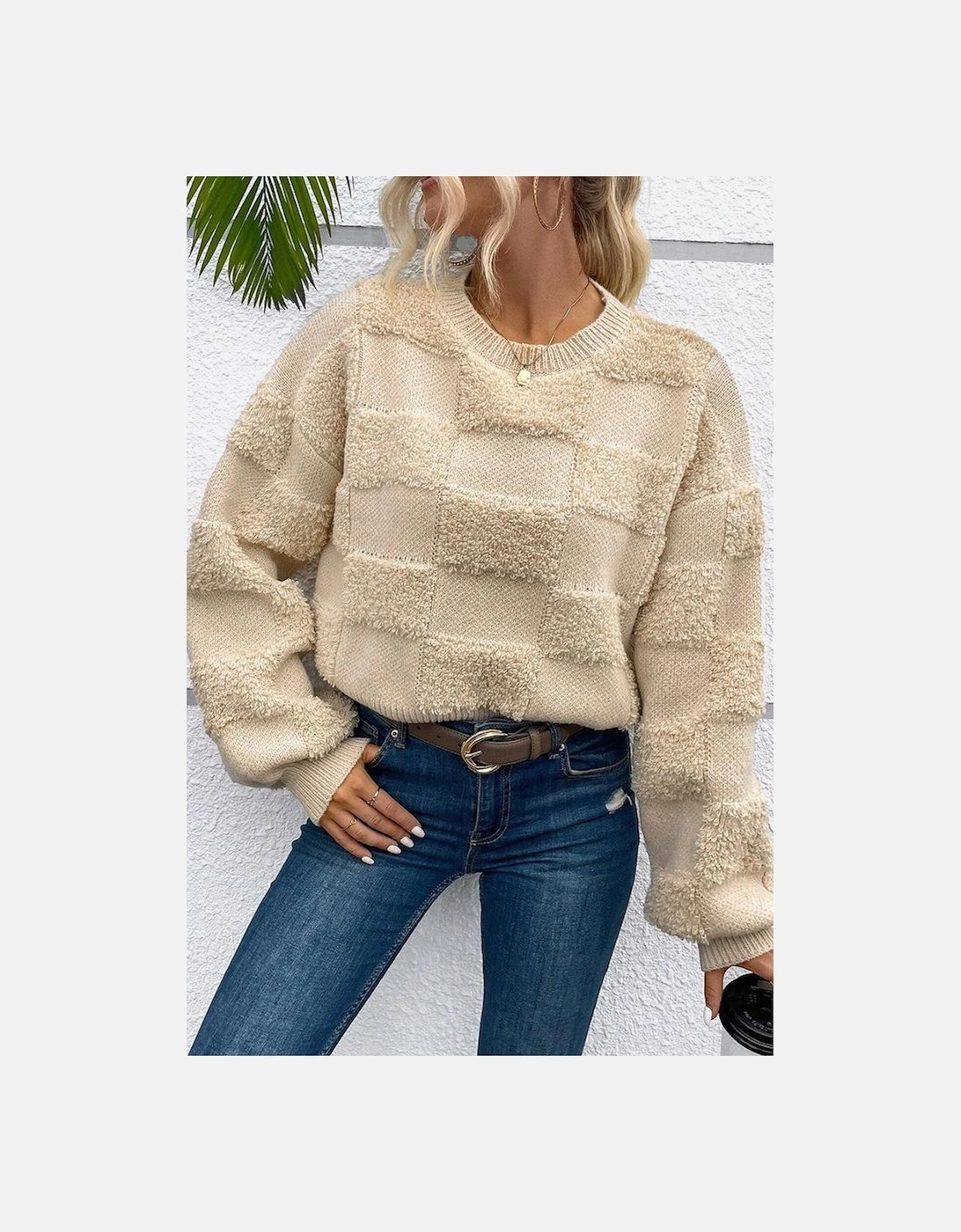 Parchment Checkered Sherpa Crew Neck Loose Sweater, 14 of 13