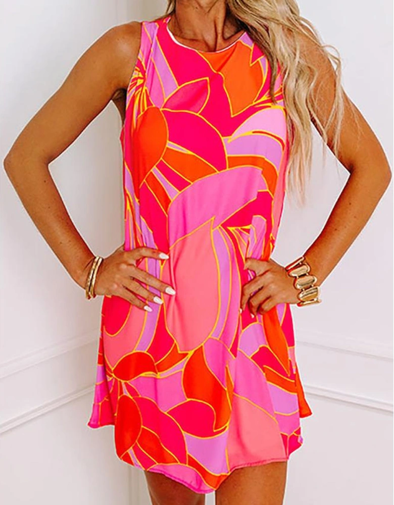 Rose Abstract Floral Print Sleeveless Shift Mini Dress