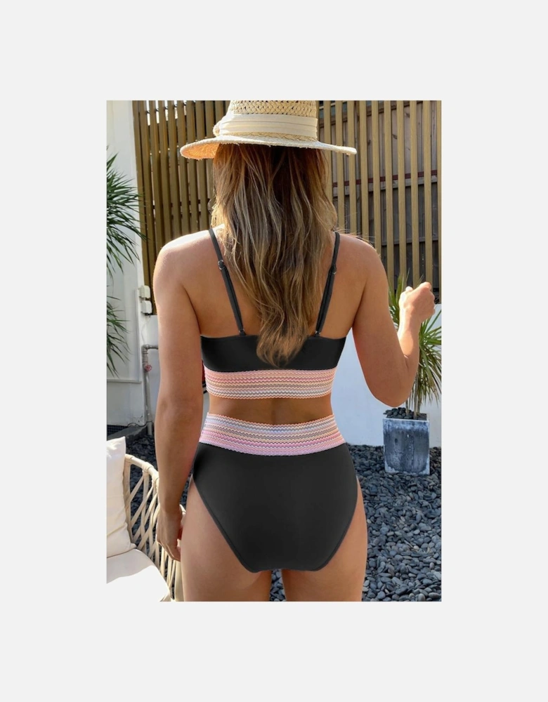 Black Striped Patchwork Spaghetti Strap High Waist Bikini Swimsuit