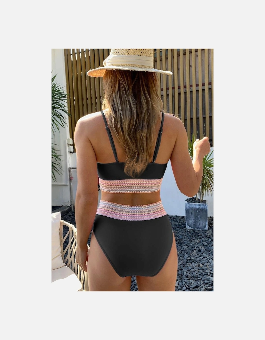 Black Striped Patchwork Spaghetti Strap High Waist Bikini Swimsuit