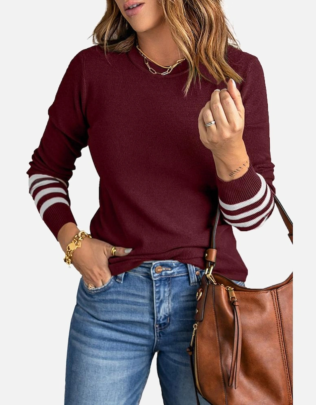 Red Striped Sleeve Plain Knit Sweater