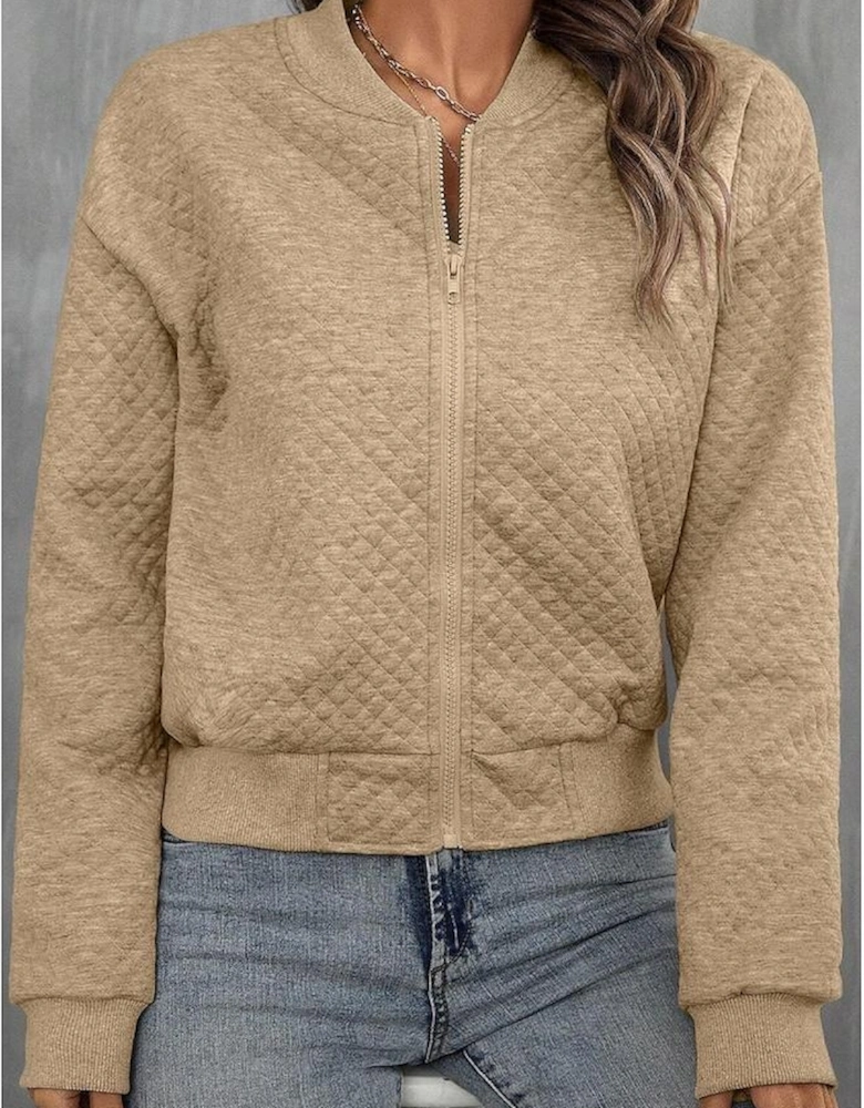 Pale Khaki Solid Geometric Textured Baseball Collar Jacket