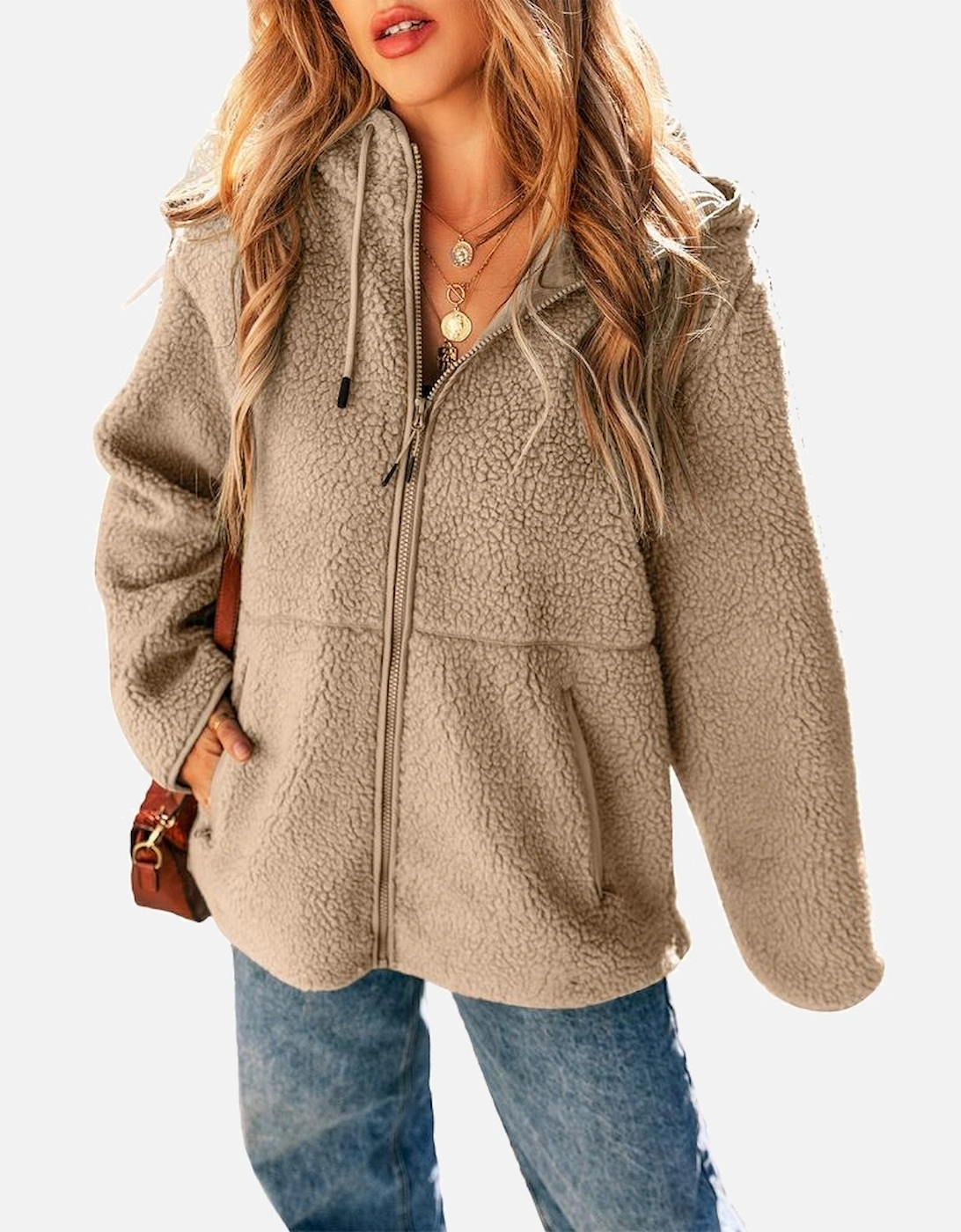 Pale Khaki Fleece Zip Up Drawstring Hooded Pocketed Jacket, 16 of 15