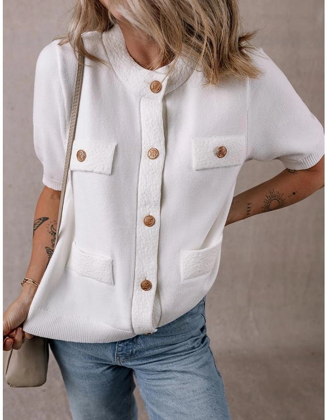 White Gold Buttons Textured Sweater T Shirt