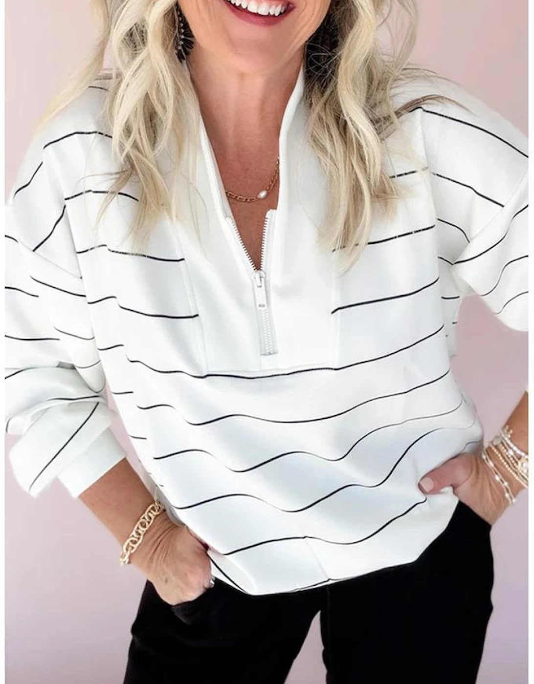 White Zip V Neck Casual Stripe Print Drop Shoulder Long Sleeve Top, 14 of 13