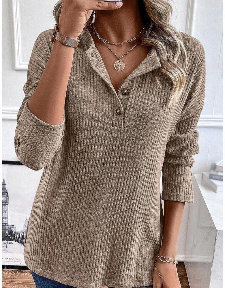 Pale Khaki Rib Textured Henley Knit Top