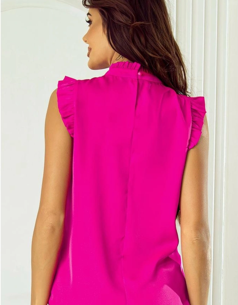 Bright Pink Pleated Mock Neck Frilled Trim Sleeveless Top