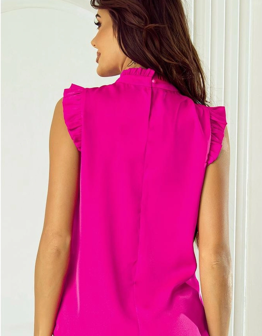 Bright Pink Pleated Mock Neck Frilled Trim Sleeveless Top