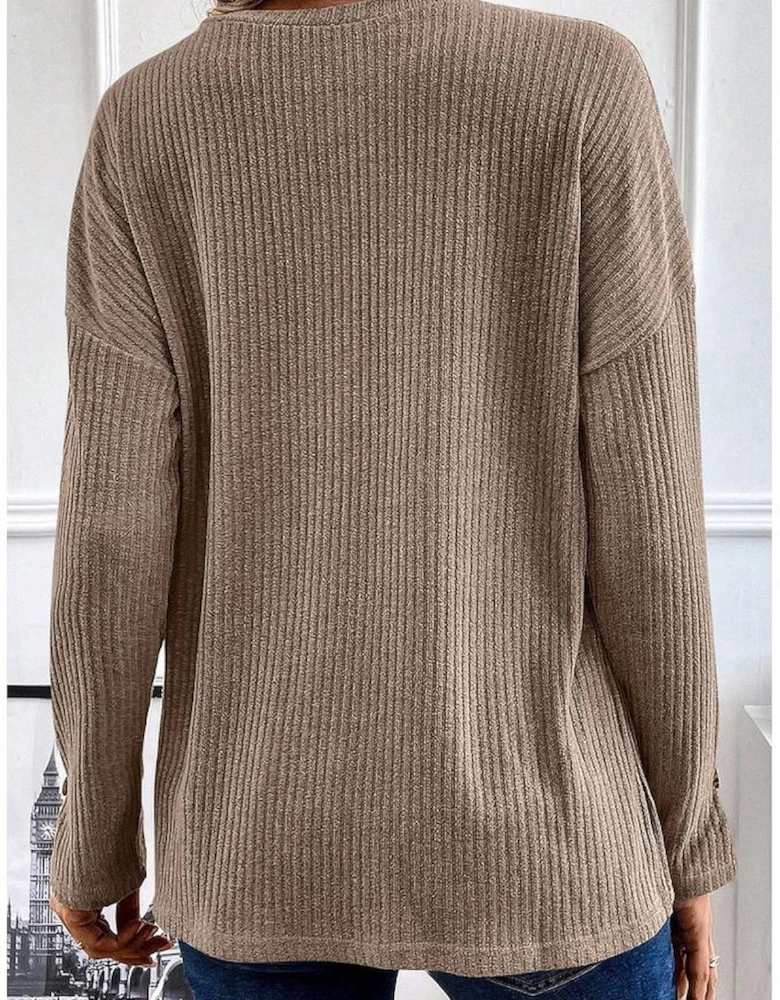 Pale Khaki Rib Textured Henley Knit Top