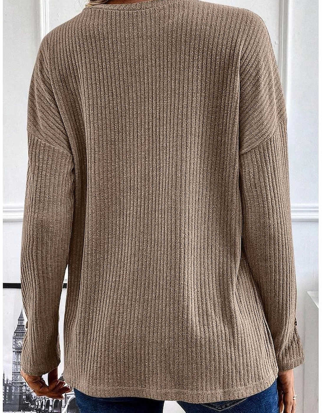 Pale Khaki Rib Textured Henley Knit Top