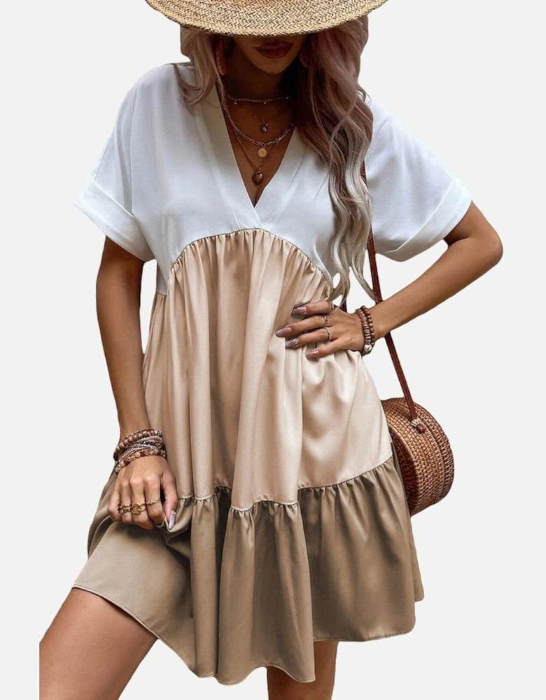 Light French Beige Triple Colors V Neck Folded Cuffs Tiered Loose Dress
