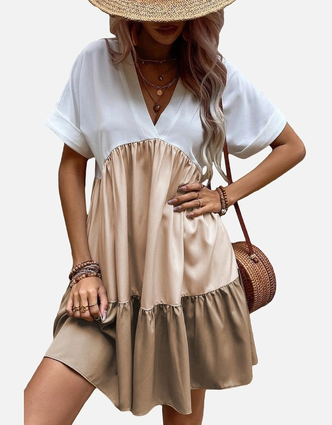 Light French Beige Triple Colors V Neck Folded Cuffs Tiered Loose Dress