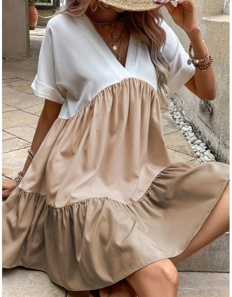 Light French Beige Triple Colors V Neck Folded Cuffs Tiered Loose Dress