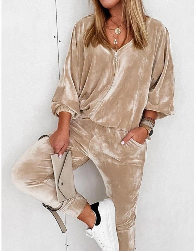 Parchment Velvet Zipped Top and Joggers Two Piece Set