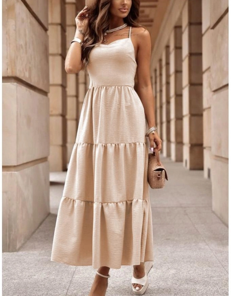 Oatmeal Crossover Backless Bodice Tiered Maxi Dress