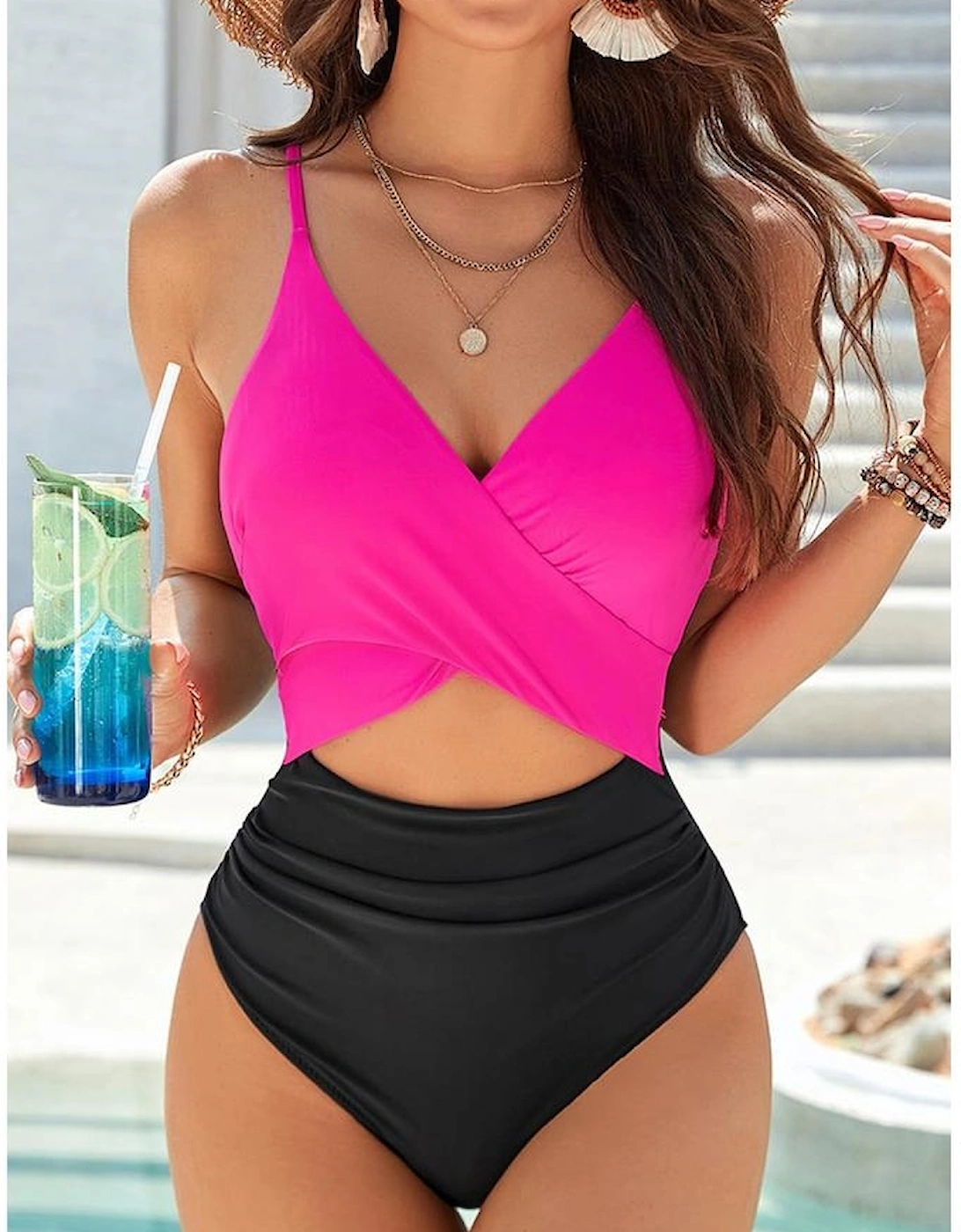 Rose Red Crossover Colorblock Cutout One Piece Swimsuit