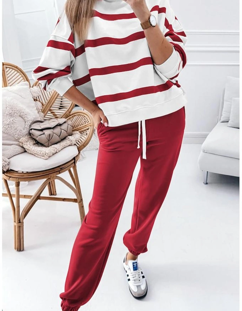 Red Stripe Drop Shoulder Pullover and Jogger Pants Set
