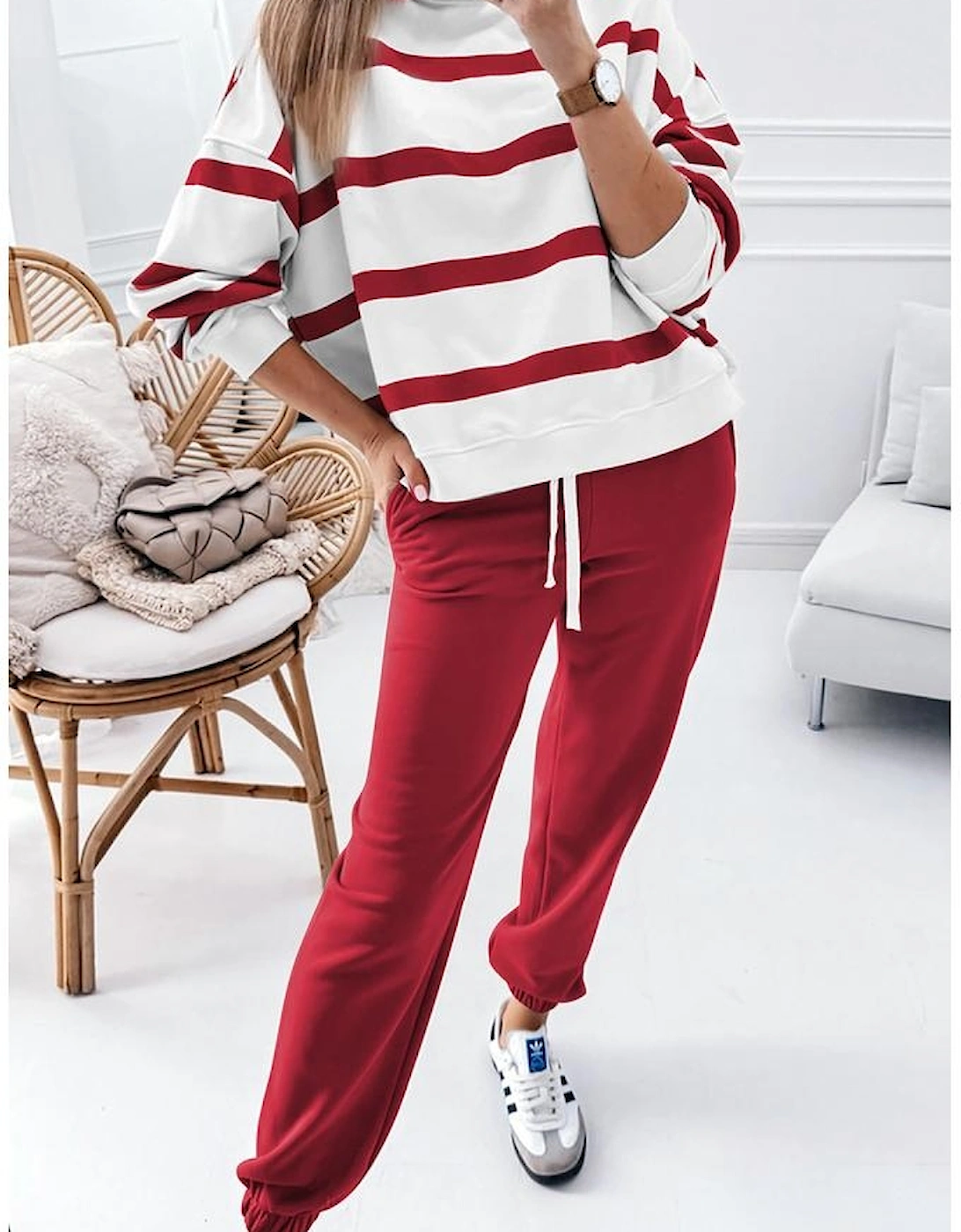 Red Stripe Drop Shoulder Pullover and Jogger Pants Set