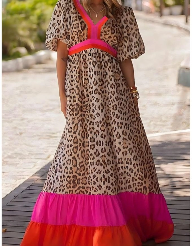Bright Pink Leopard Colorblock Patchwork Bubble Sleeve Maxi Dress