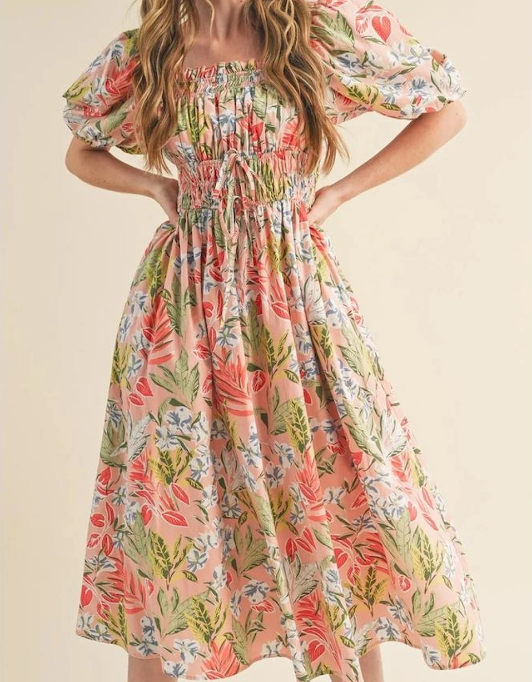 Apricot Pink Floral Smocked Bust Bubble Short Sleeve Maxi Dress