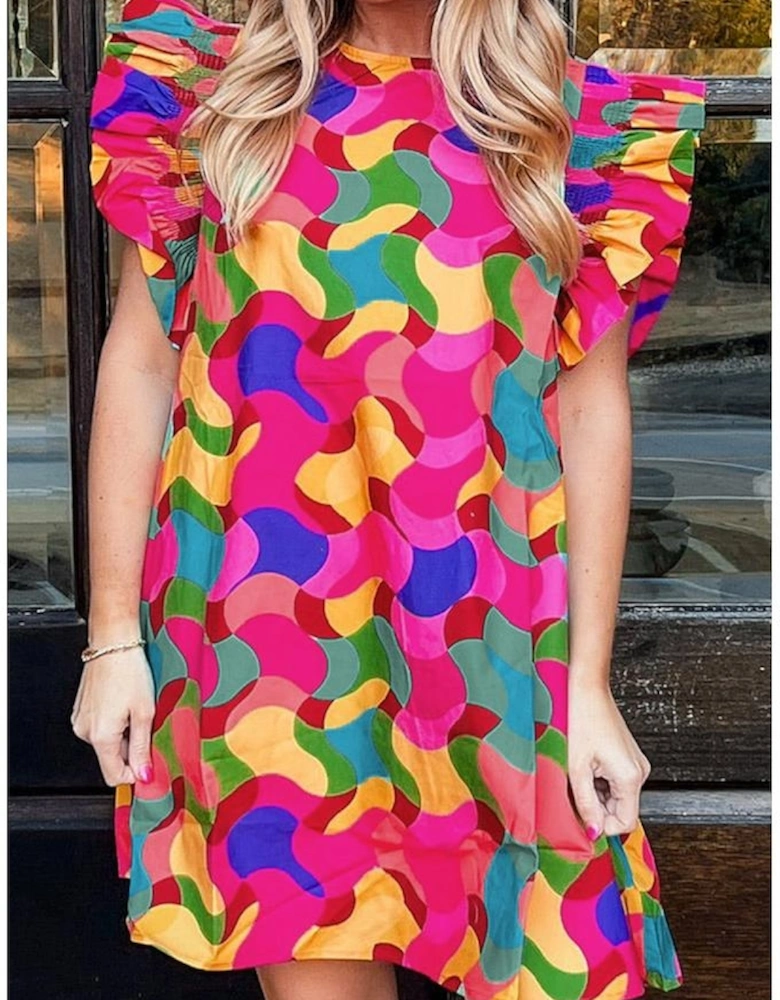 Rose Red Abstract Print Ruffle Sleeve Shift Dress