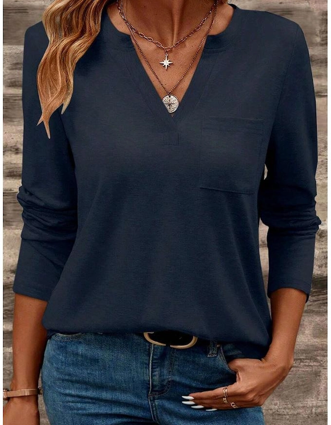 Dirty blue Notch V Neck Pocket Patched Long Sleeve T Shirt