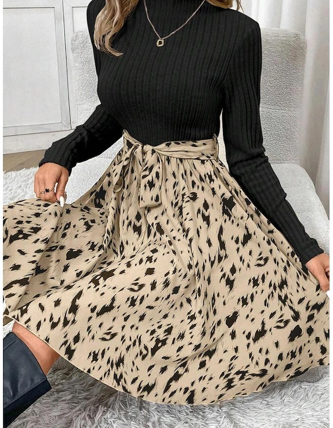 Black Ribbed Knit Patchwork Printed Belted A-line Dress