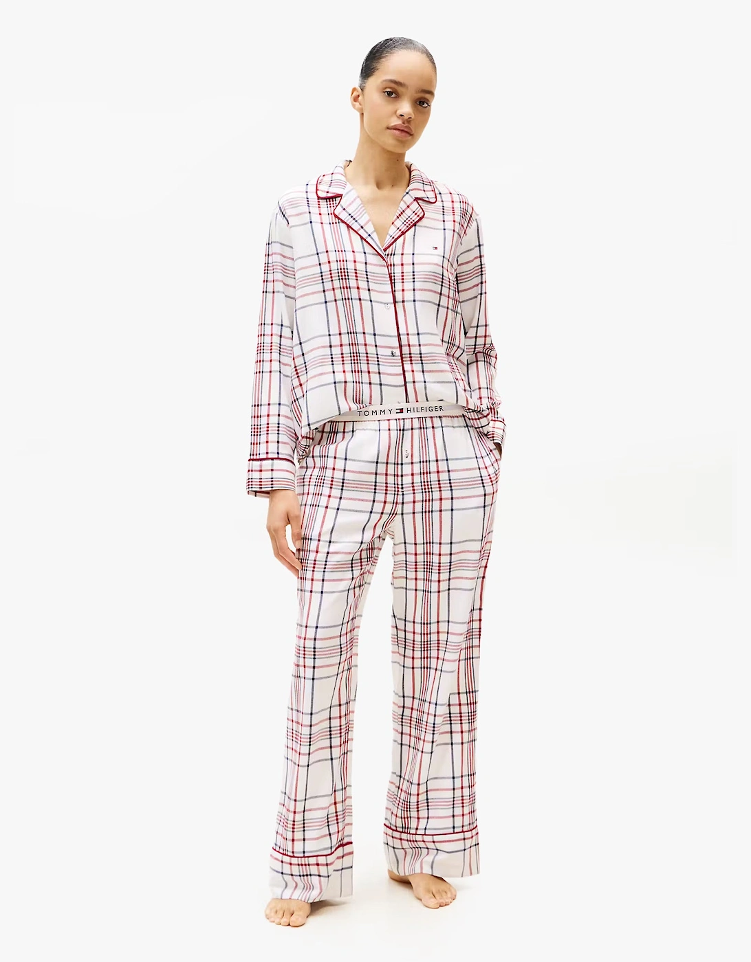 Women's Tommy Hilfiger GIFT LS FLNL SHIRT S Womens Pyjama Set City Plaid Ivory Silk - Red - Size: LARGE