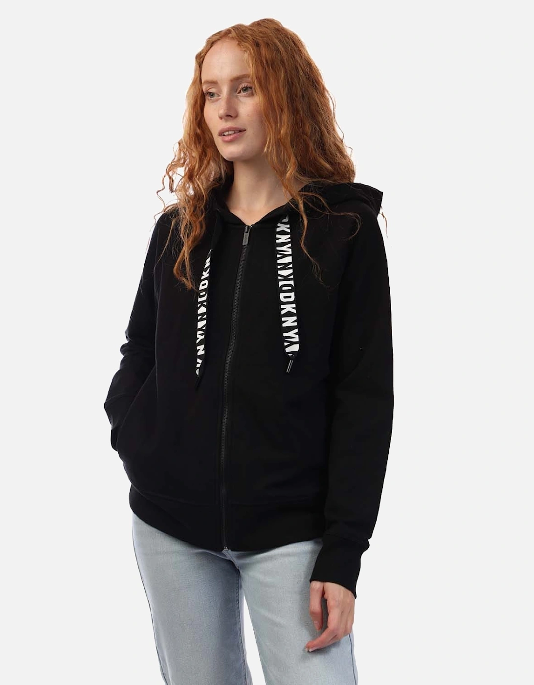 DKNY Women's Two Tone Logo Drawcord Hoodie - Black - Size: 14