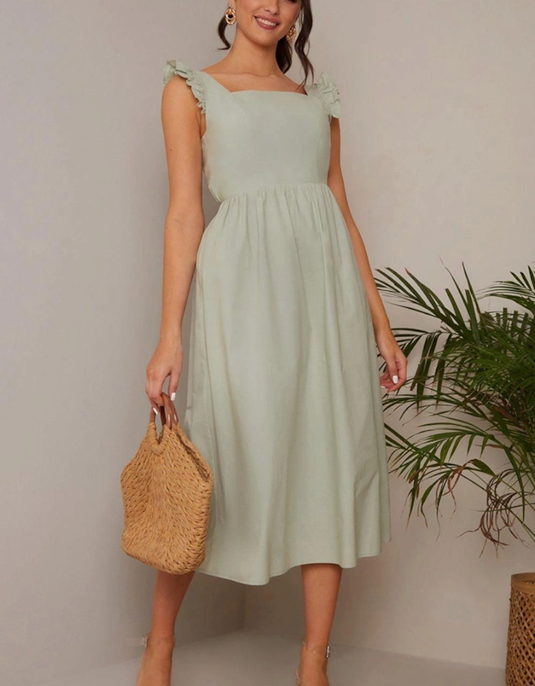 Ruffle Sleeve Cotton Poplin Midi Dress