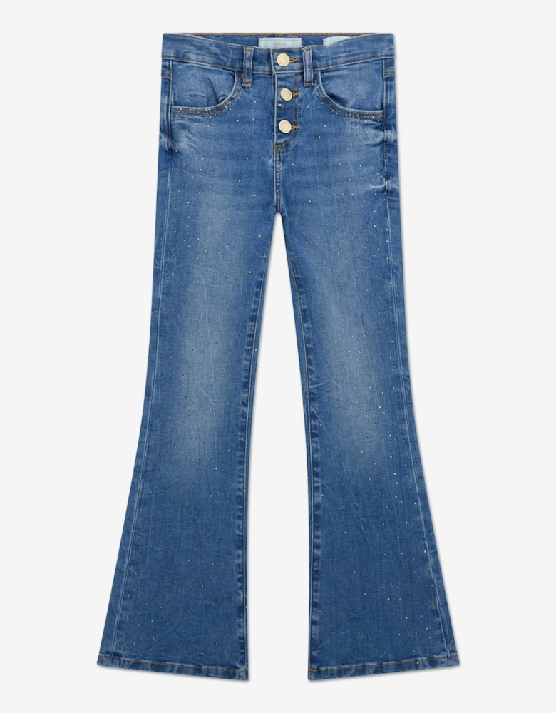 Girls Flare Stretch Rhinestone Jeans in Blue