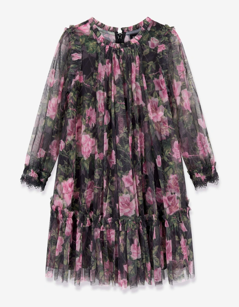 Girls Rose Vine Long Sleeve Dress in Black
