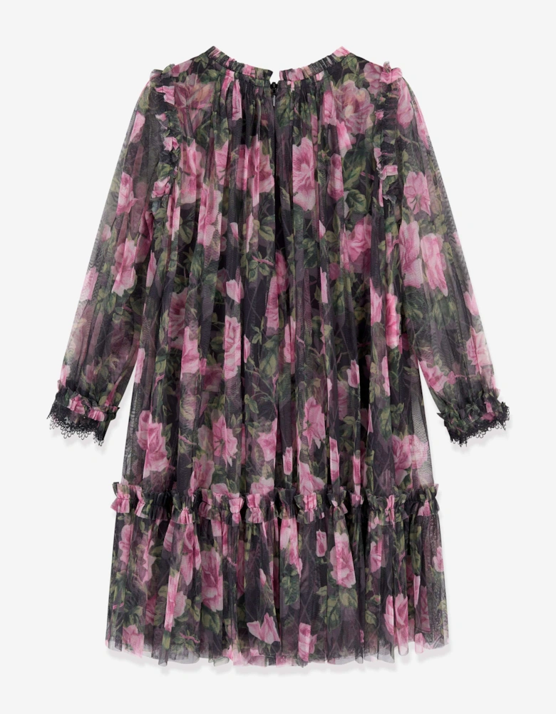 Girls Rose Vine Long Sleeve Dress in Black