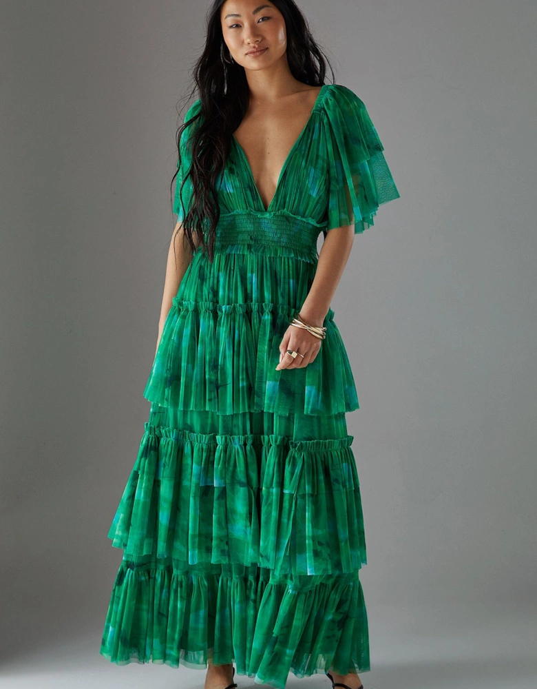 Petite Tulle Floral Plunge Neck Flutter Sleeve Tier Maxi Dress