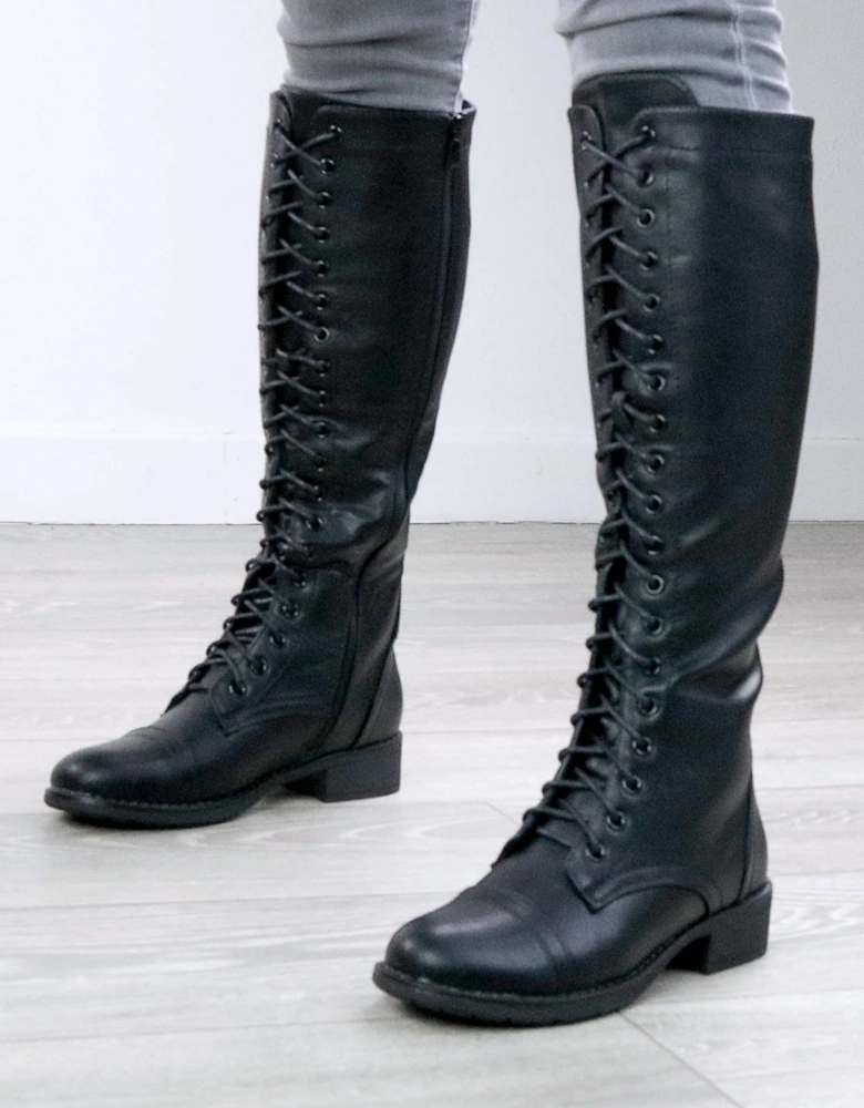 Low  Heel Biker Lace Up Military Combat Style  Knee High Boots