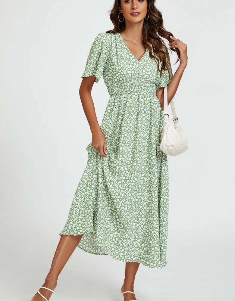 Multi Floral Print V Neck Midi Dress In Green
