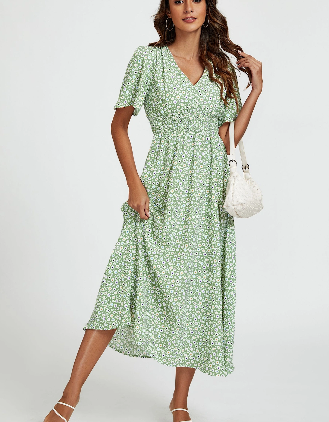 Multi Floral Print V Neck Midi Dress In Green, 2 of 1