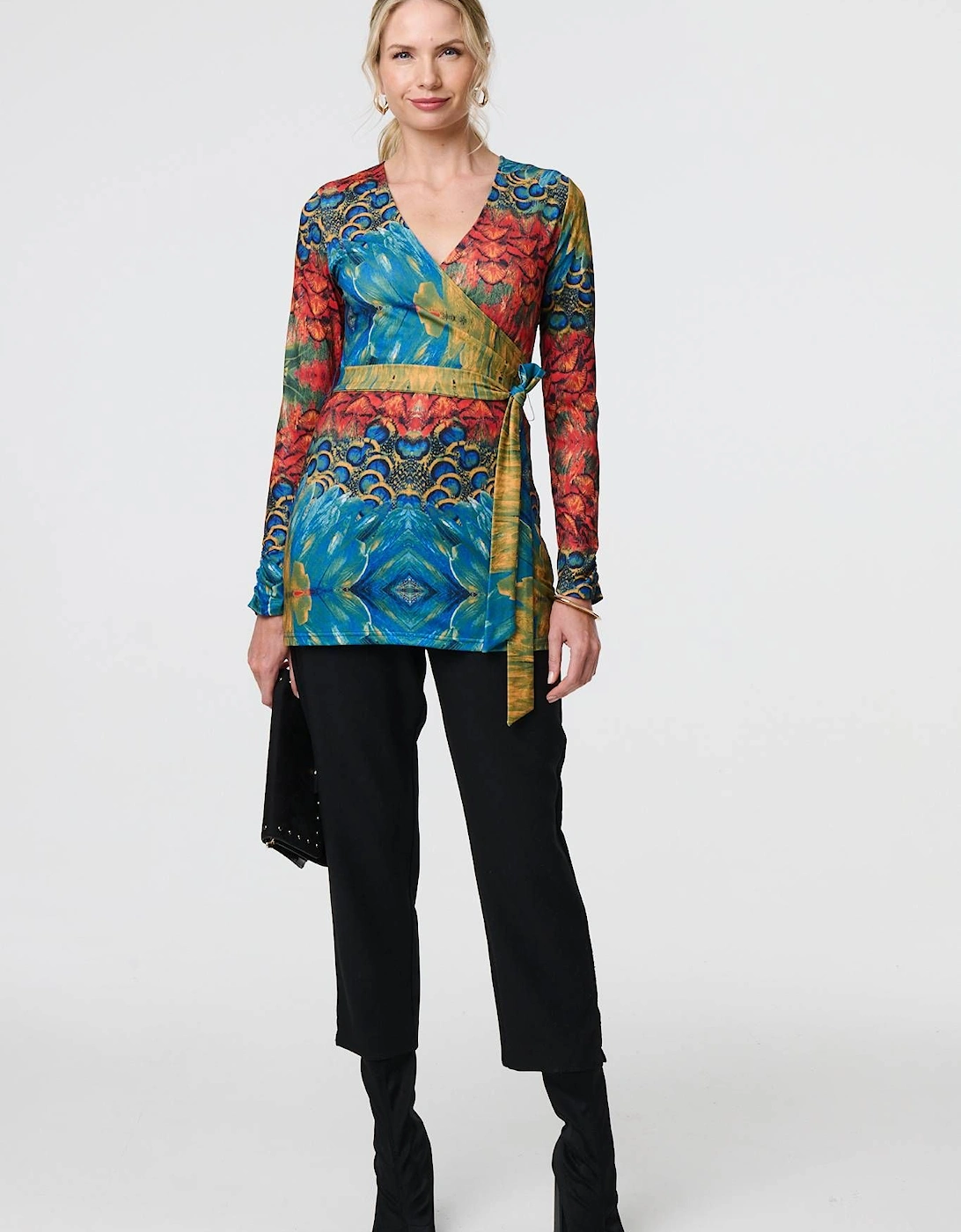 Printed Tie Waist Long Sleeve Wrap Tunic Top, 2 of 1