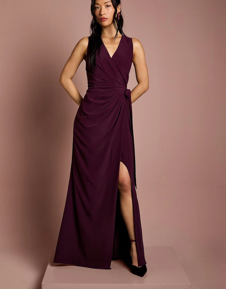 V Neck Wrap Detail Crepe Maxi Bridesmaid Dress