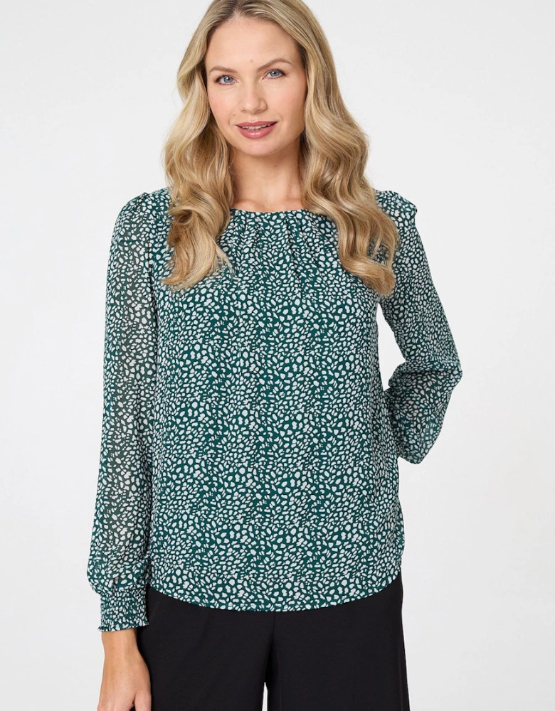 Printed Long Sleeve Semi Sheer Blouse